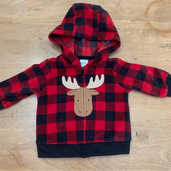 Carter’s Baby Buffalo Plaid Hoodie with Moose Appliqué Size 0-3 months - Picture 9 of 10